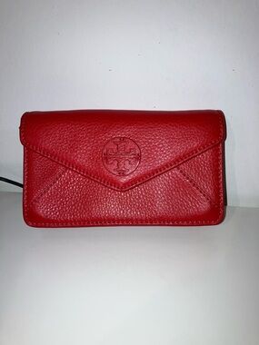 Tory Burch Red Pebbled Leather Envelope Clutch Wallet